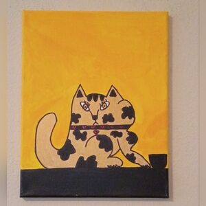 Cat Art On Stretched Canvas Gold And Black Cat Original Acrylic Painting 11x14"